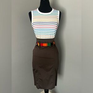 Designer Brown High-Waist Pencil Skirt with Colorblock Belt
